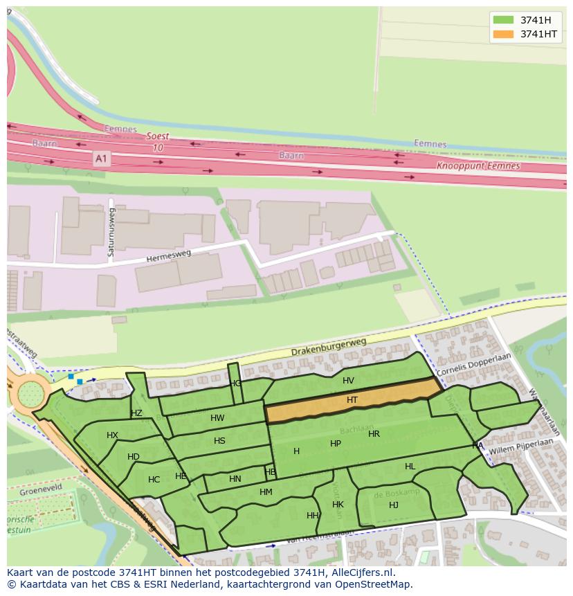 Afbeelding van het postcodegebied 3741 HT op de kaart.