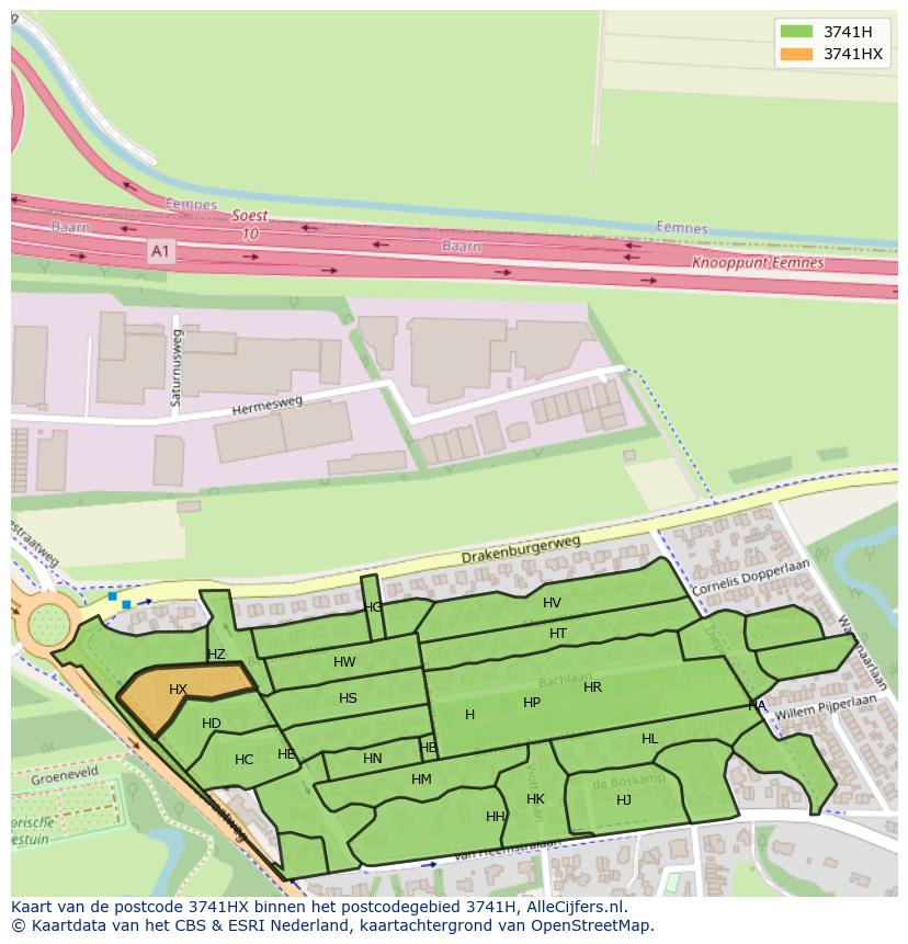 Afbeelding van het postcodegebied 3741 HX op de kaart.