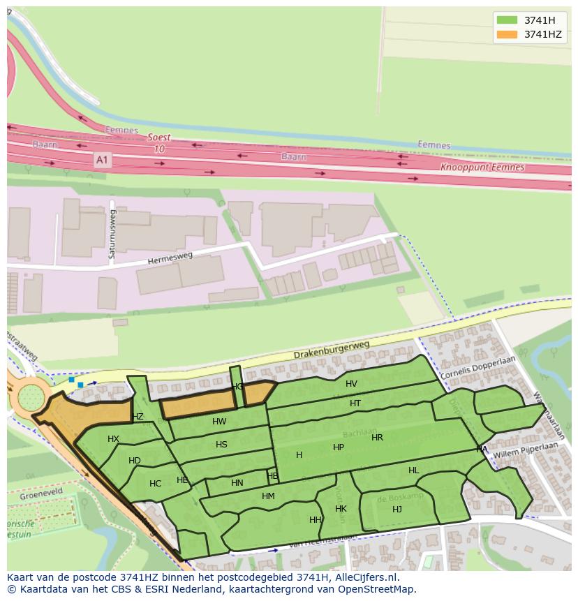 Afbeelding van het postcodegebied 3741 HZ op de kaart.