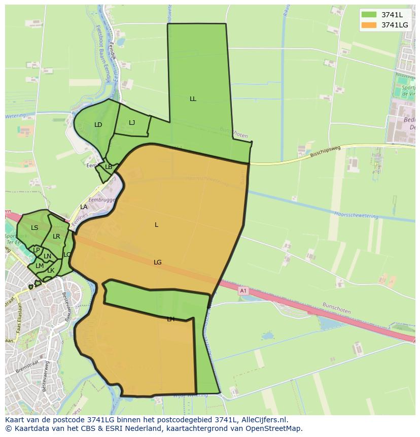 Afbeelding van het postcodegebied 3741 LG op de kaart.