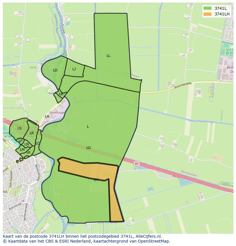 Afbeelding van het postcodegebied 3741 LH op de kaart.
