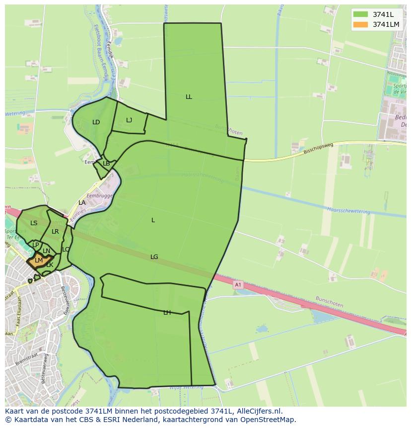 Afbeelding van het postcodegebied 3741 LM op de kaart.