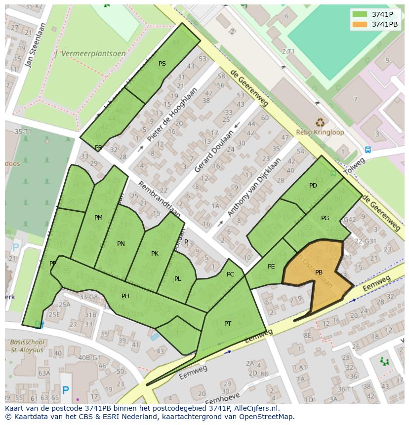 Afbeelding van het postcodegebied 3741 PB op de kaart.