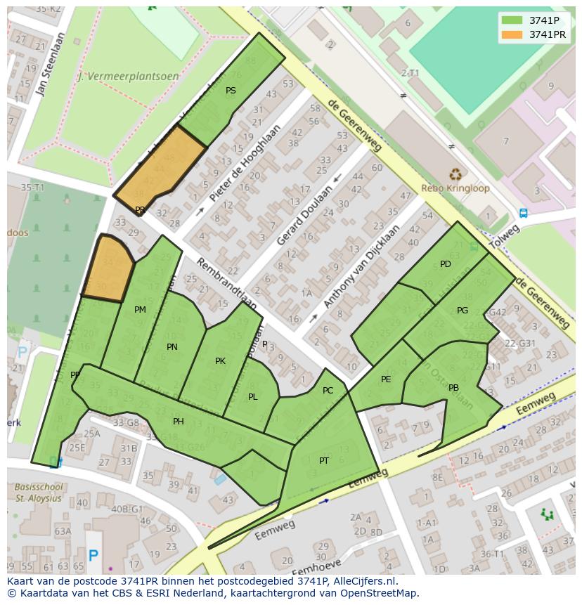 Afbeelding van het postcodegebied 3741 PR op de kaart.