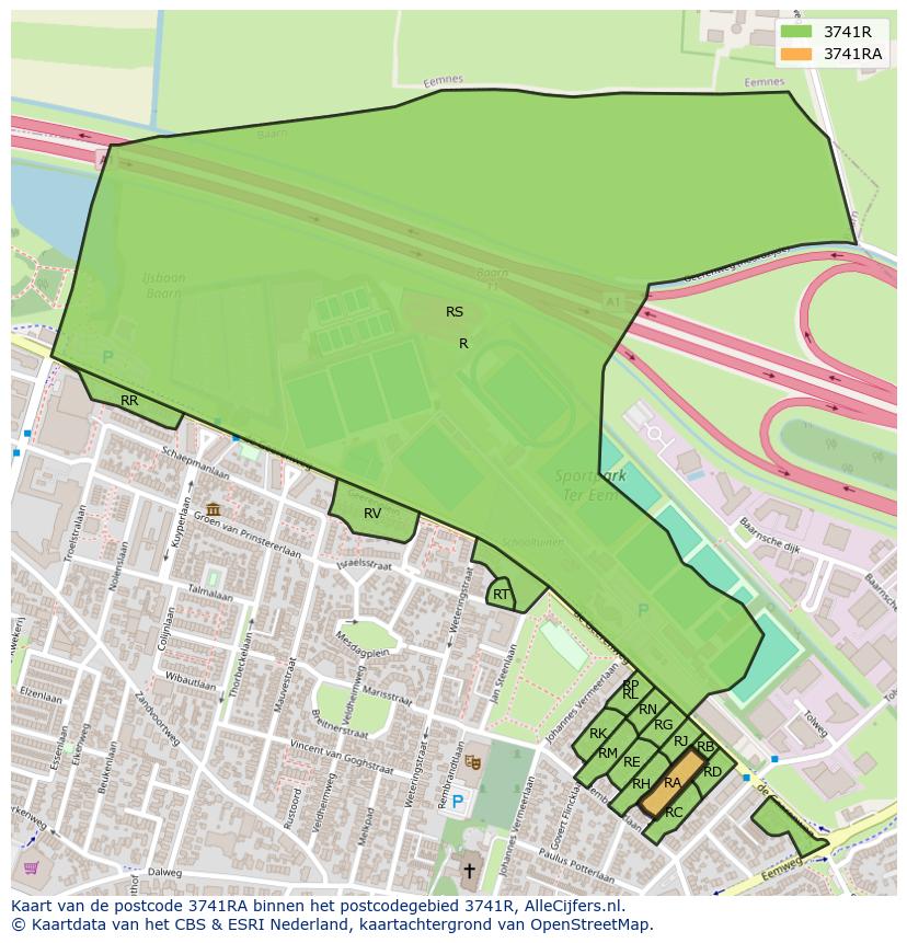 Afbeelding van het postcodegebied 3741 RA op de kaart.