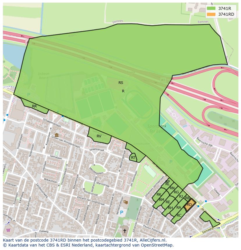 Afbeelding van het postcodegebied 3741 RD op de kaart.