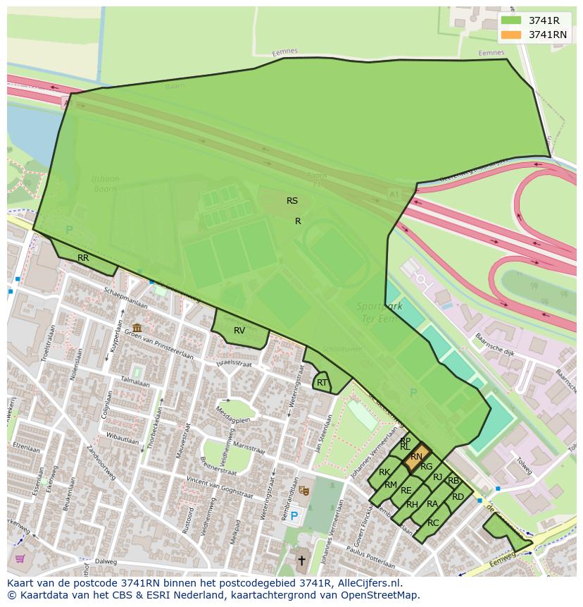 Afbeelding van het postcodegebied 3741 RN op de kaart.