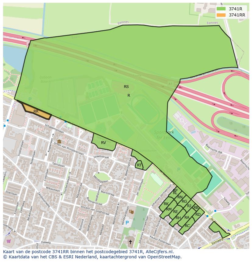 Afbeelding van het postcodegebied 3741 RR op de kaart.