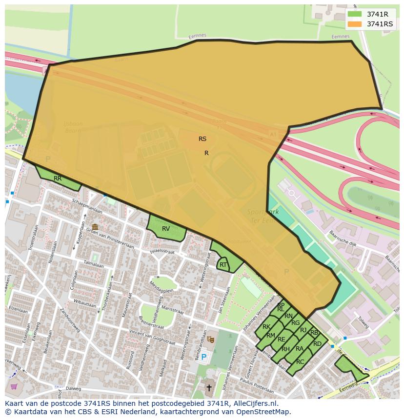Afbeelding van het postcodegebied 3741 RS op de kaart.