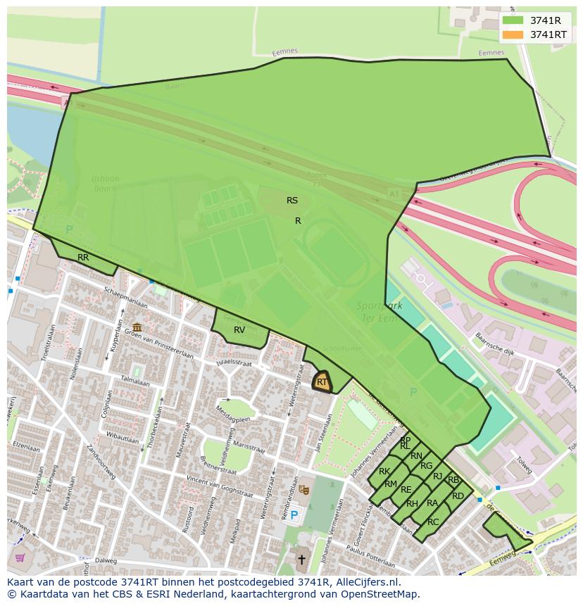 Afbeelding van het postcodegebied 3741 RT op de kaart.