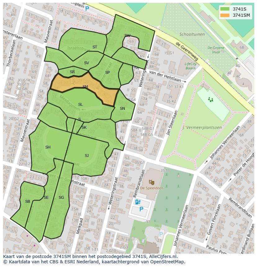 Afbeelding van het postcodegebied 3741 SM op de kaart.
