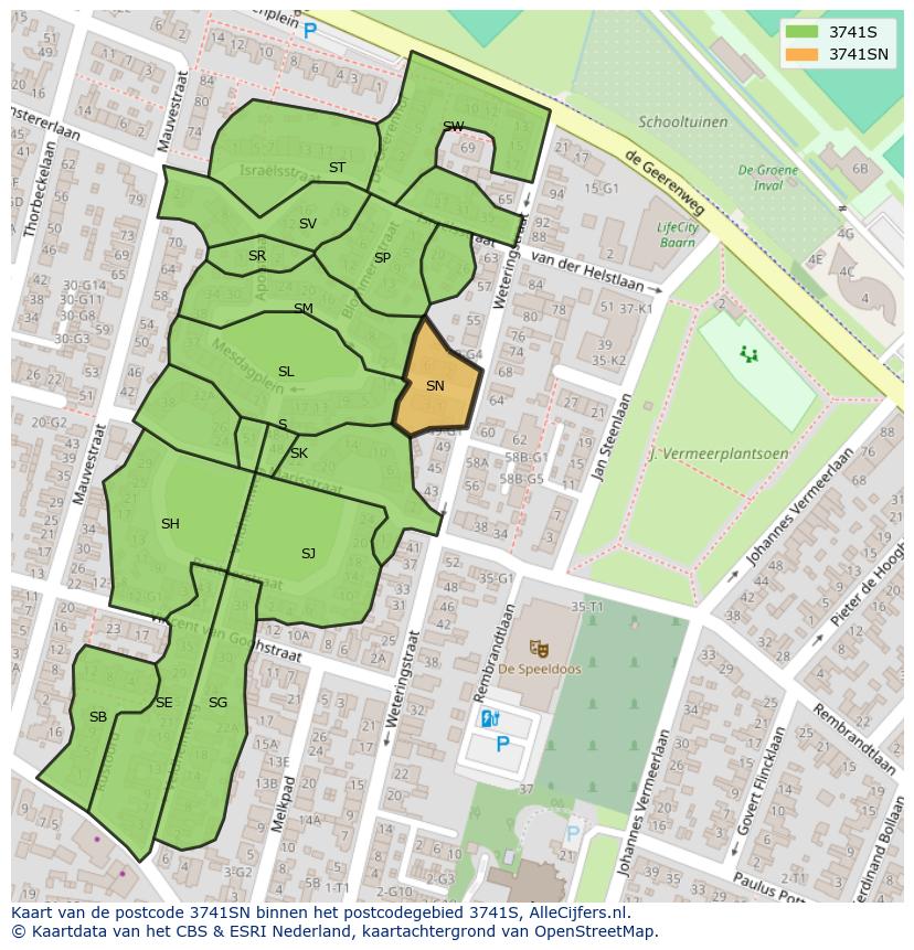 Afbeelding van het postcodegebied 3741 SN op de kaart.