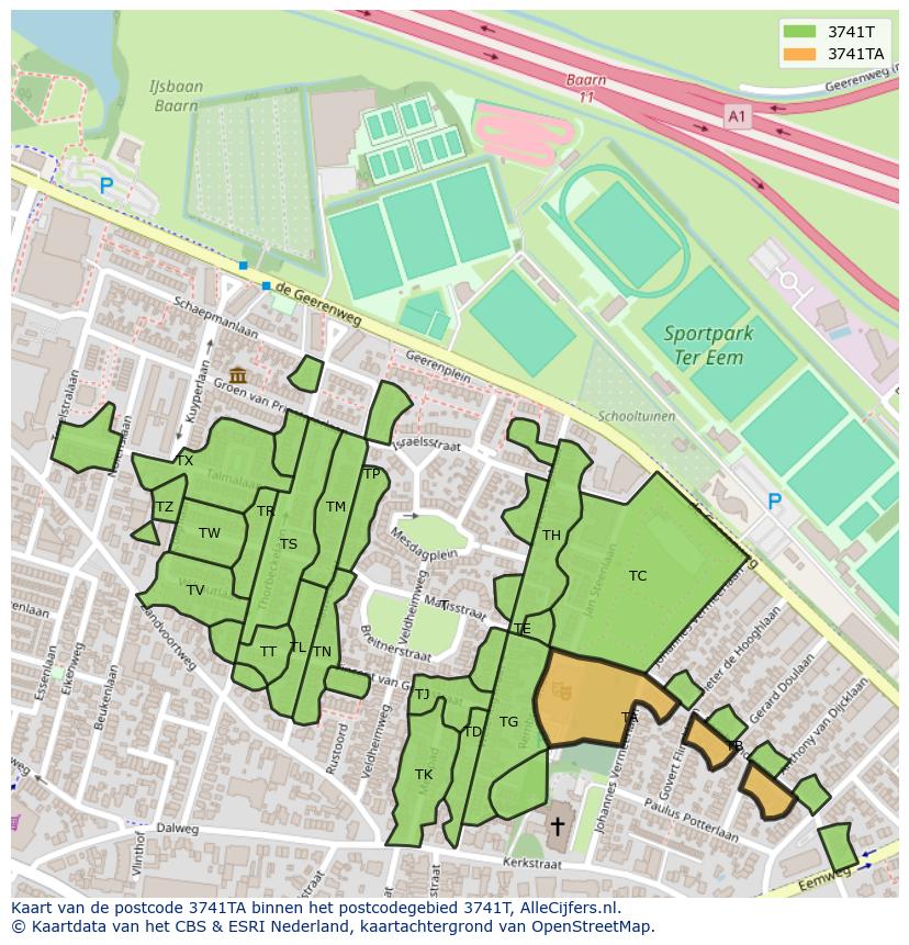Afbeelding van het postcodegebied 3741 TA op de kaart.
