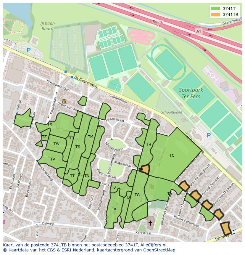Afbeelding van het postcodegebied 3741 TB op de kaart.