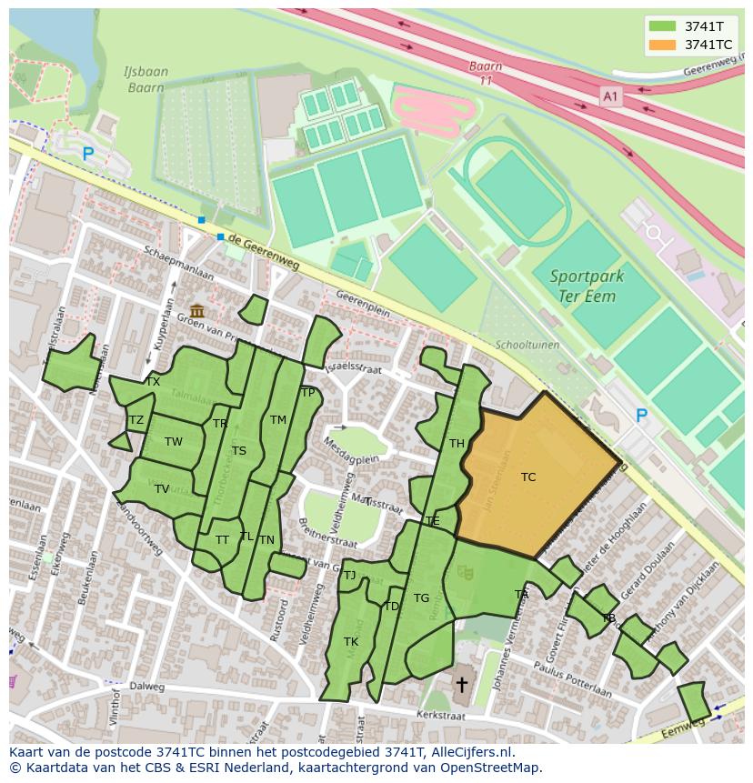 Afbeelding van het postcodegebied 3741 TC op de kaart.