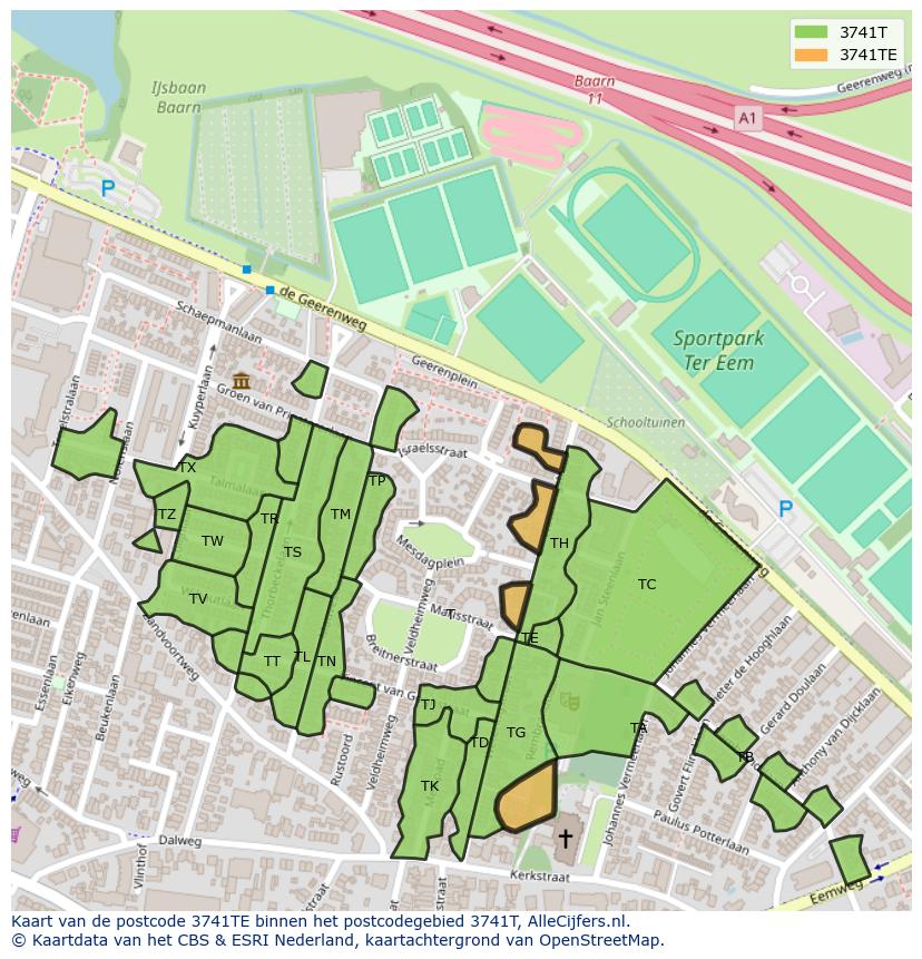 Afbeelding van het postcodegebied 3741 TE op de kaart.