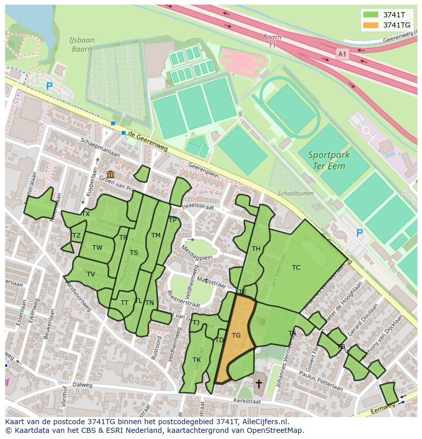 Afbeelding van het postcodegebied 3741 TG op de kaart.