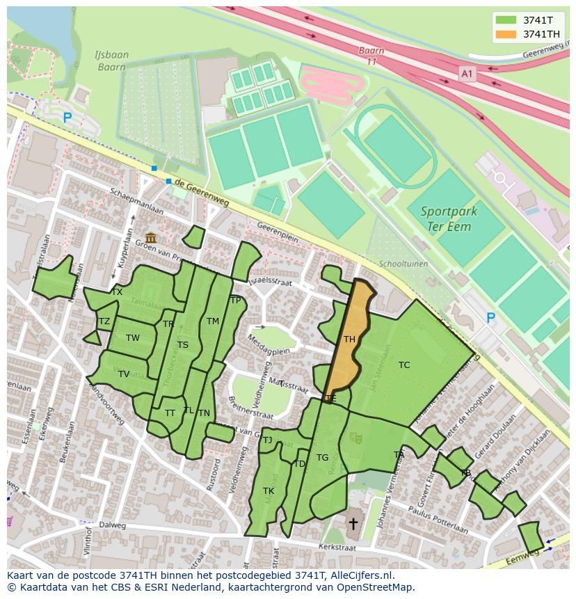 Afbeelding van het postcodegebied 3741 TH op de kaart.