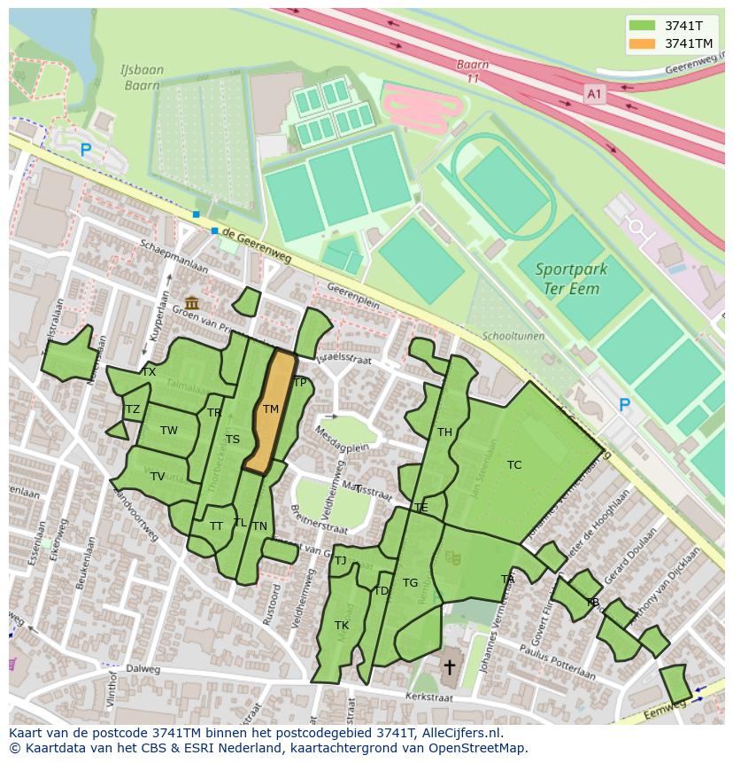 Afbeelding van het postcodegebied 3741 TM op de kaart.