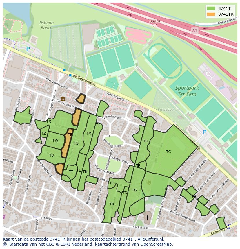 Afbeelding van het postcodegebied 3741 TR op de kaart.