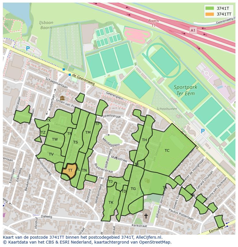 Afbeelding van het postcodegebied 3741 TT op de kaart.