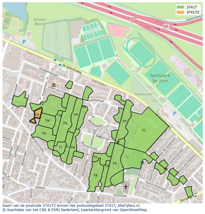 Afbeelding van het postcodegebied 3741 TZ op de kaart.