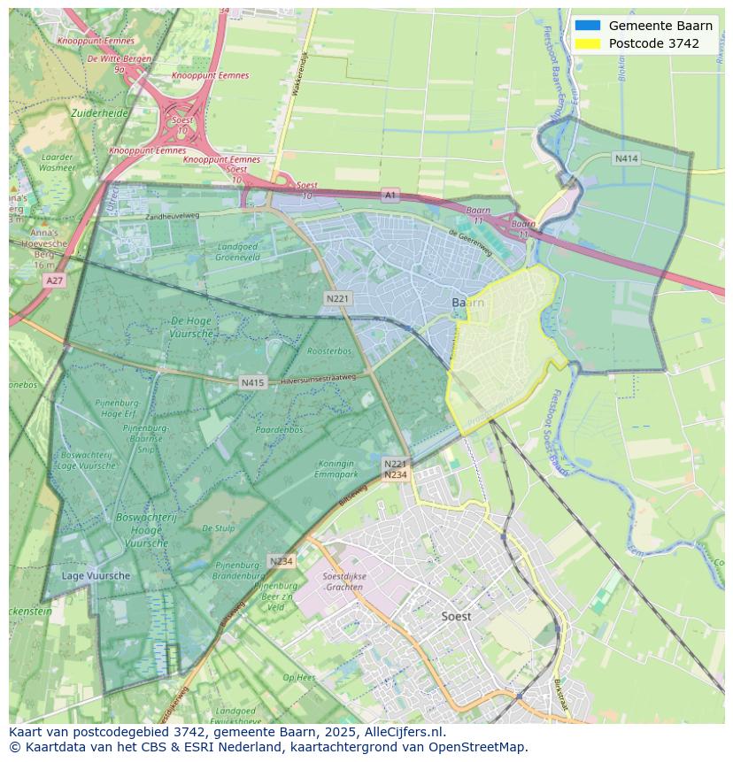 Afbeelding van het postcodegebied 3742 op de kaart.