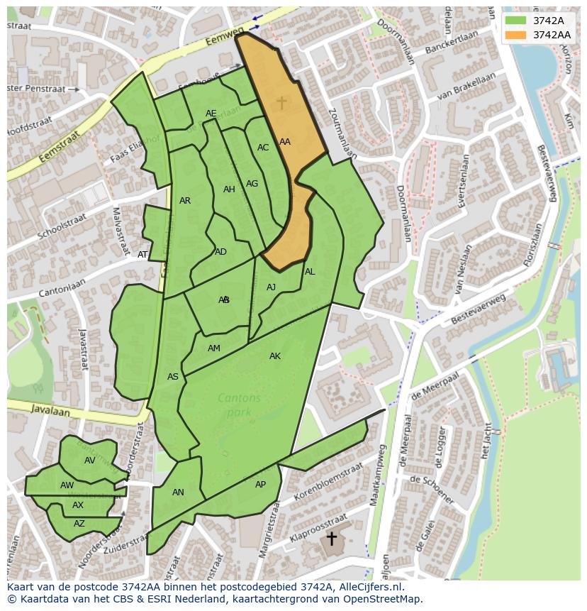Afbeelding van het postcodegebied 3742 AA op de kaart.