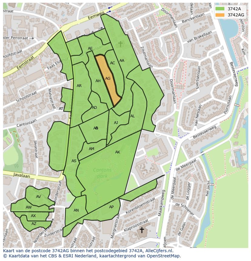 Afbeelding van het postcodegebied 3742 AG op de kaart.