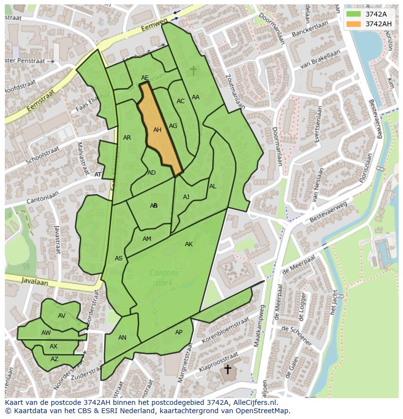 Afbeelding van het postcodegebied 3742 AH op de kaart.