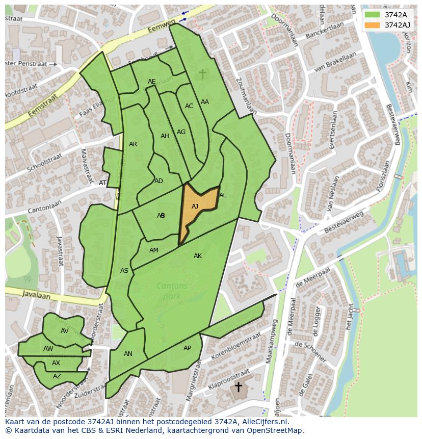 Afbeelding van het postcodegebied 3742 AJ op de kaart.