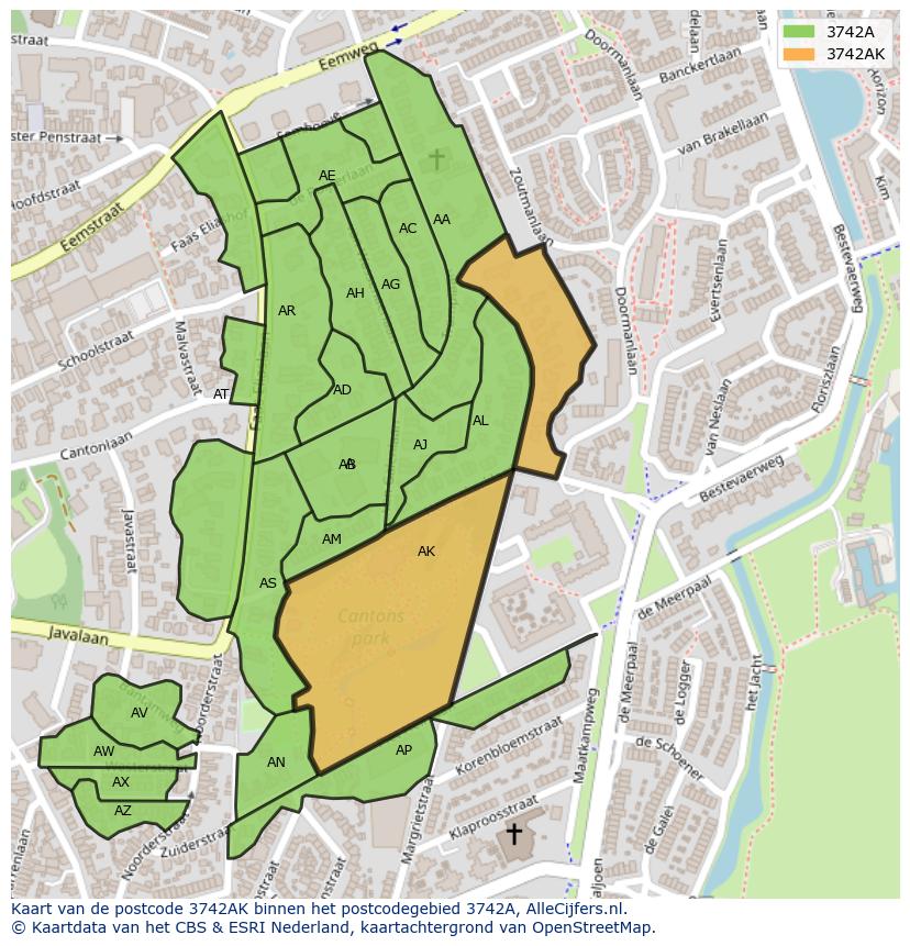 Afbeelding van het postcodegebied 3742 AK op de kaart.