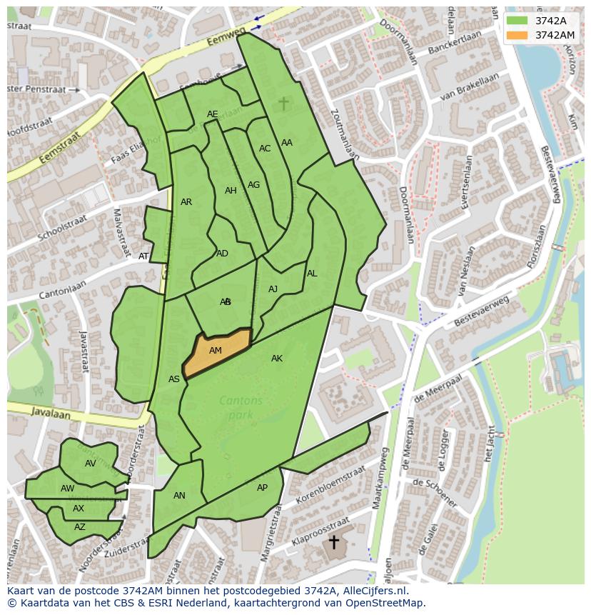 Afbeelding van het postcodegebied 3742 AM op de kaart.