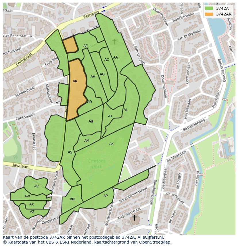 Afbeelding van het postcodegebied 3742 AR op de kaart.