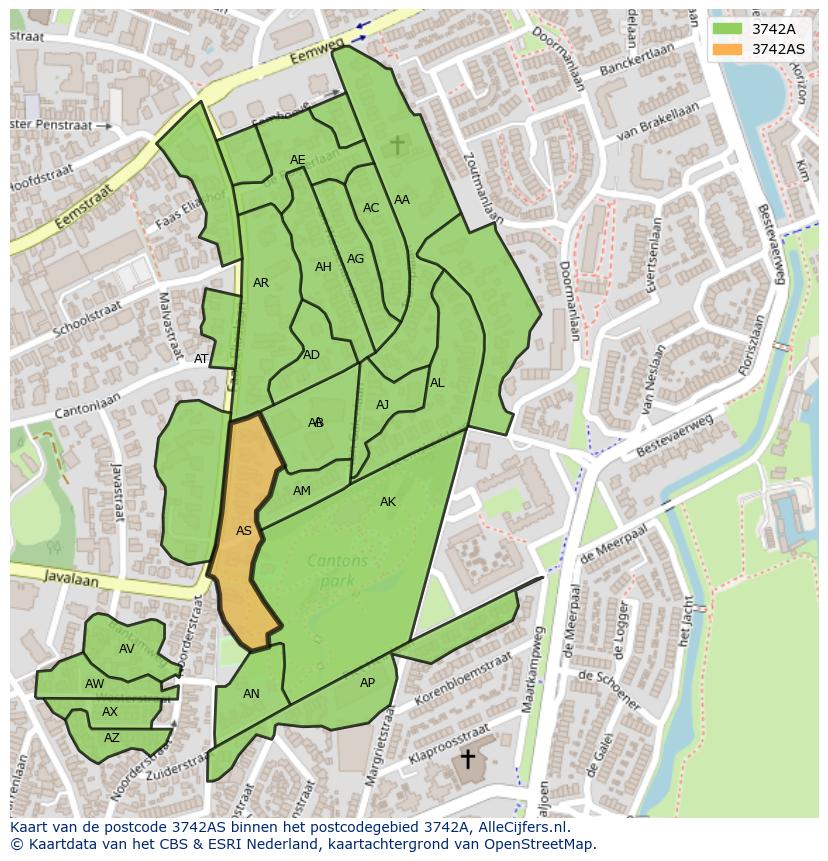 Afbeelding van het postcodegebied 3742 AS op de kaart.