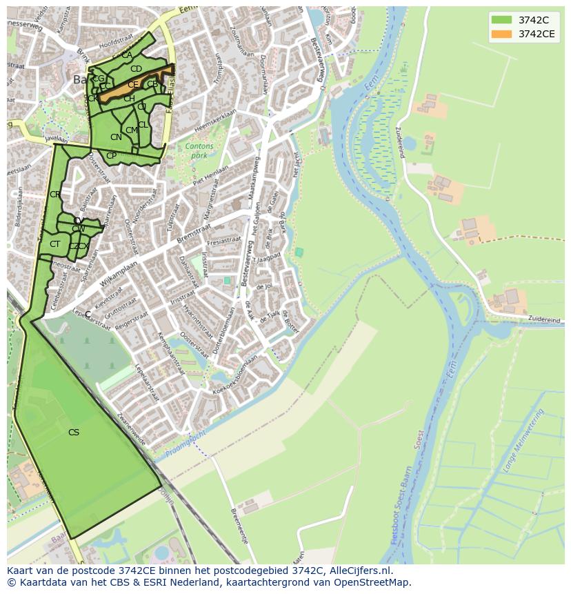 Afbeelding van het postcodegebied 3742 CE op de kaart.