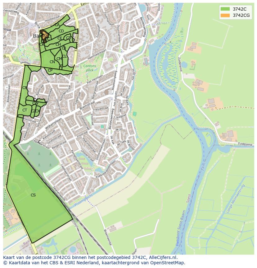Afbeelding van het postcodegebied 3742 CG op de kaart.