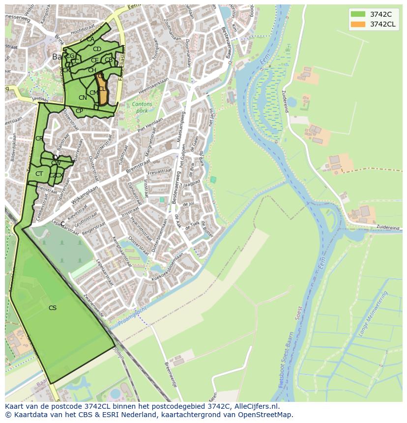 Afbeelding van het postcodegebied 3742 CL op de kaart.
