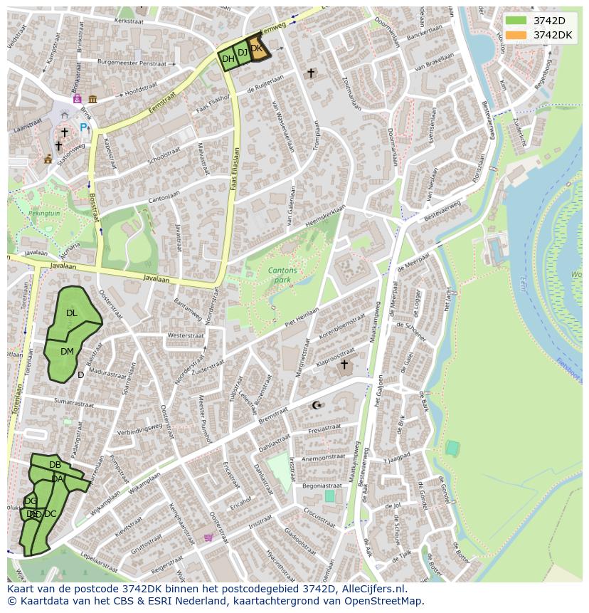 Afbeelding van het postcodegebied 3742 DK op de kaart.