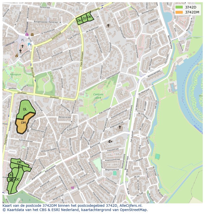 Afbeelding van het postcodegebied 3742 DM op de kaart.