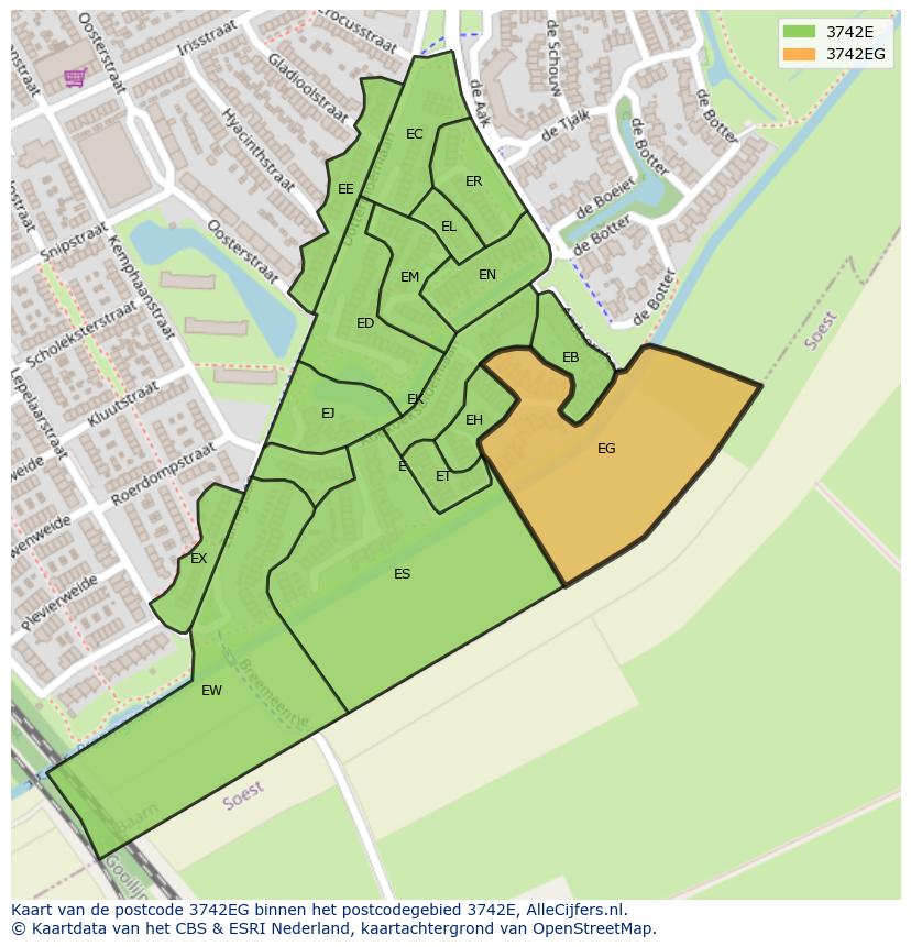 Afbeelding van het postcodegebied 3742 EG op de kaart.