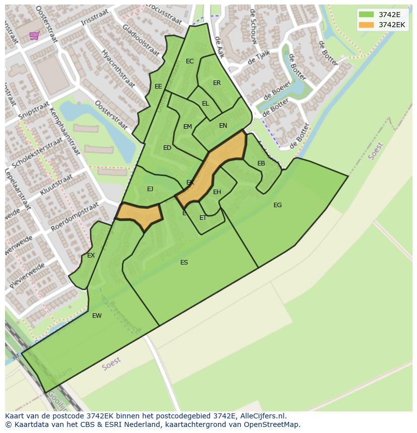 Afbeelding van het postcodegebied 3742 EK op de kaart.