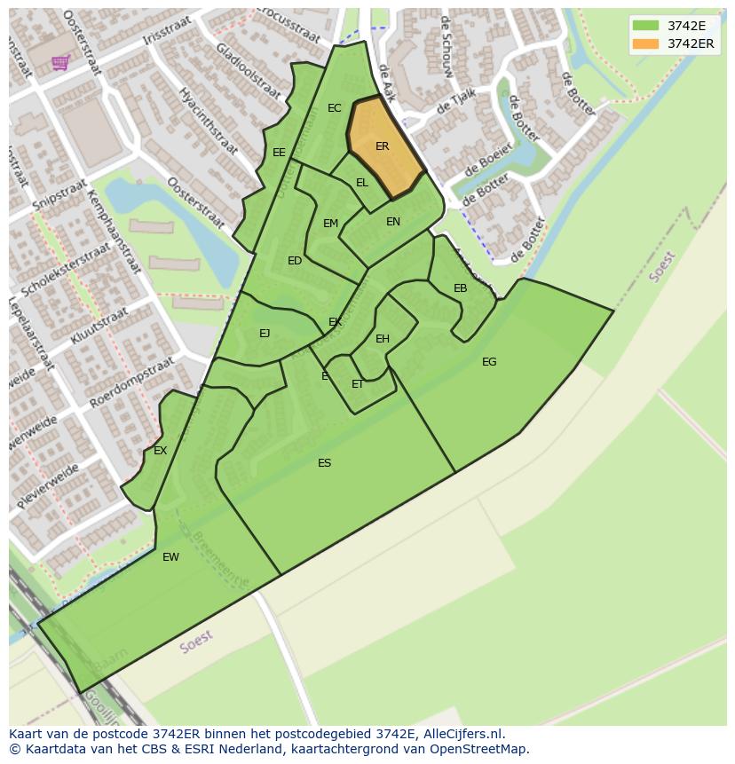 Afbeelding van het postcodegebied 3742 ER op de kaart.