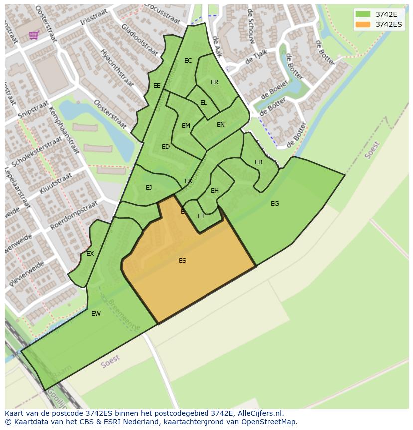 Afbeelding van het postcodegebied 3742 ES op de kaart.