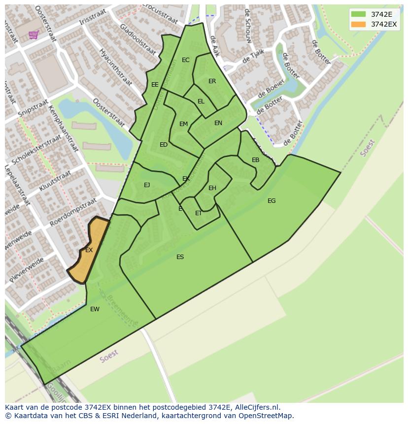 Afbeelding van het postcodegebied 3742 EX op de kaart.