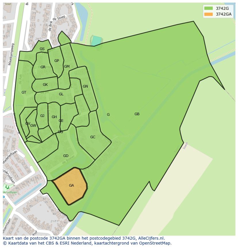 Afbeelding van het postcodegebied 3742 GA op de kaart.