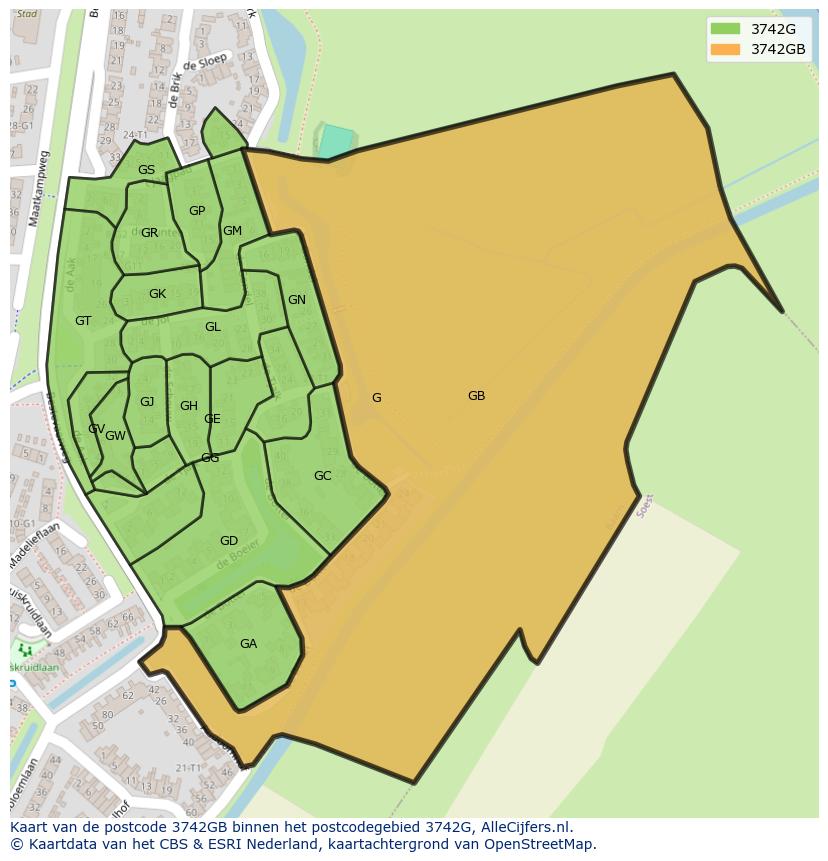 Afbeelding van het postcodegebied 3742 GB op de kaart.