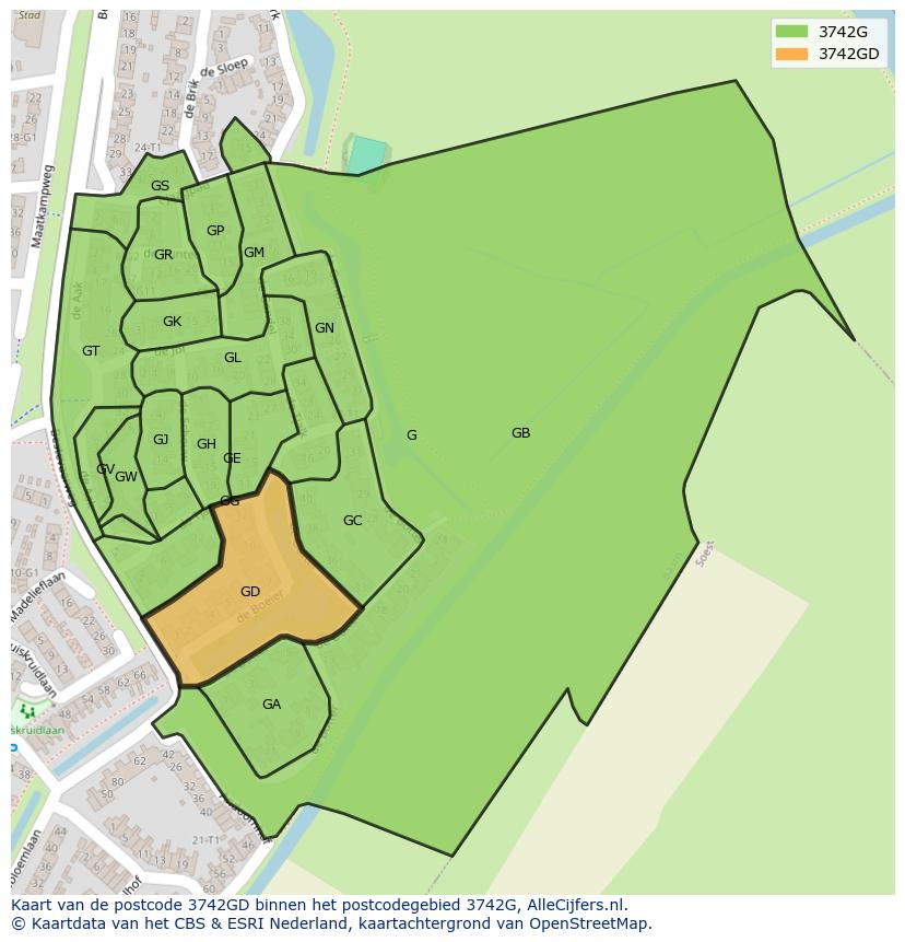 Afbeelding van het postcodegebied 3742 GD op de kaart.
