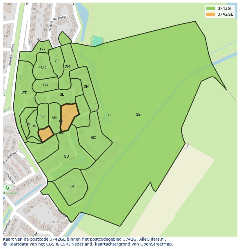 Afbeelding van het postcodegebied 3742 GE op de kaart.