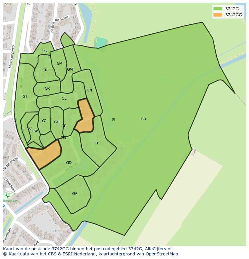 Afbeelding van het postcodegebied 3742 GG op de kaart.